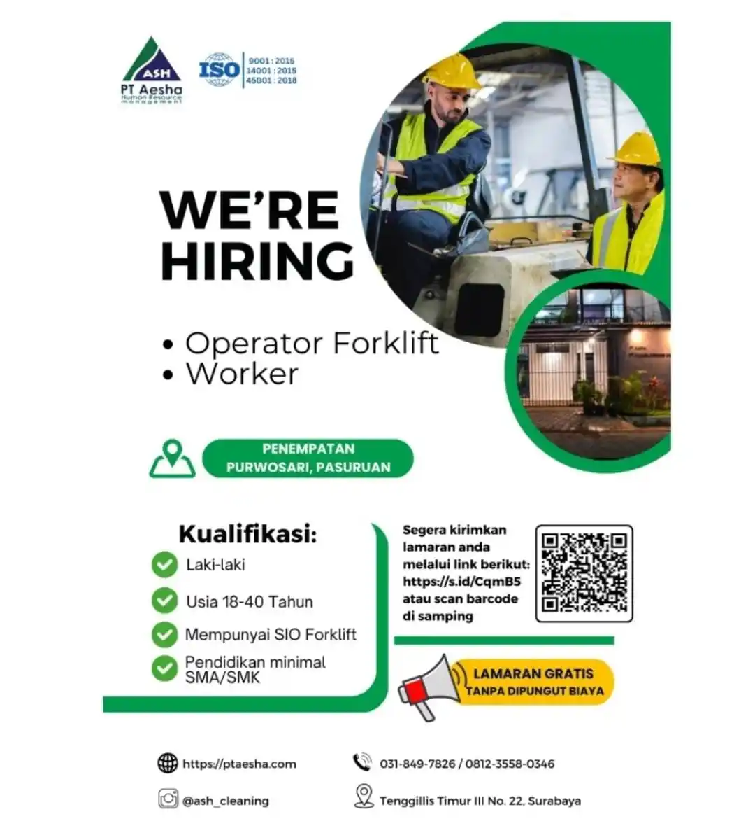 Image from Sharing Informasi Jatim Channel_Id: Nama: *PT. Aesha* Posisi: *Operator Forklift* : *Worker* Ge...