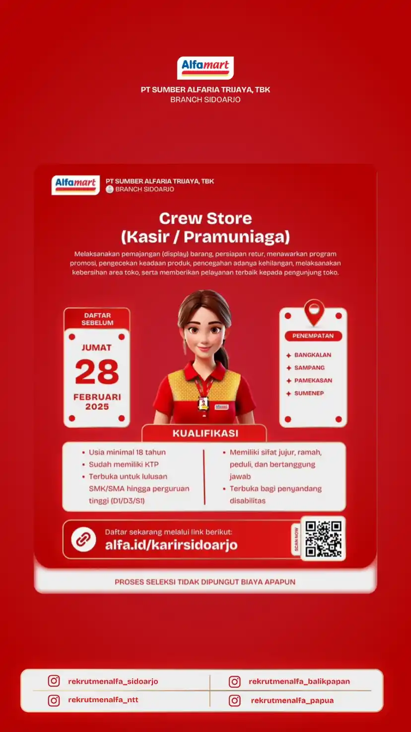 Image from Sharing Informasi Jatim Channel_Id: *ALFAMART MADURA* *(CREW STORE)* https://alfakarir.alfamart.co.id/vac...