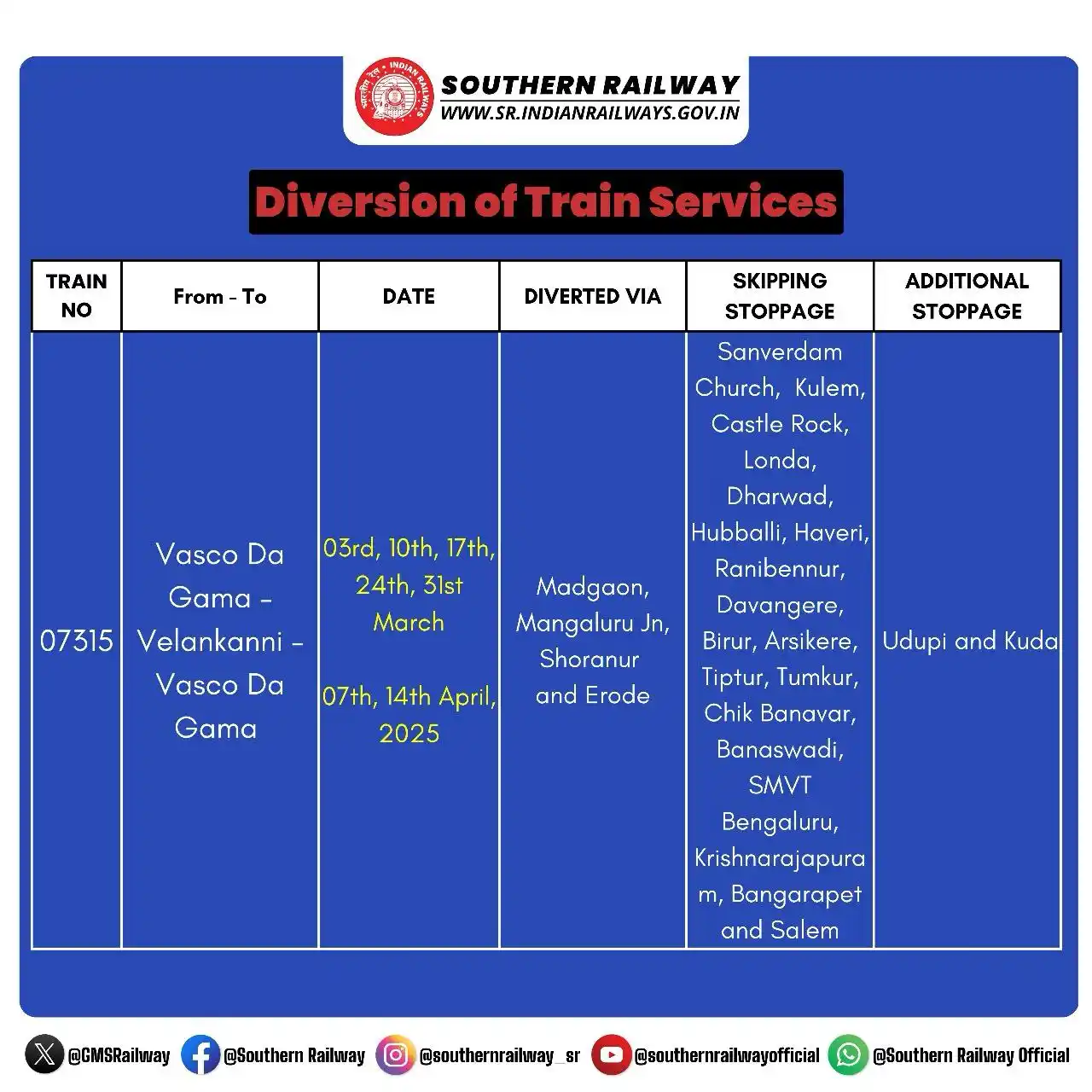 Image from Southern Railway Official: Diversion of Train Services! Due to a 90-day line block between Castl...