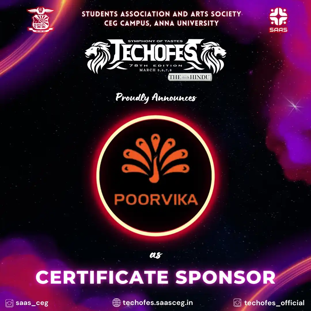 Image from STUDENTS ASSOCIATION AND ARTS SOCIETY CEG: We are thrilled to welcome Poorvika as our Certificate Sponsor! 🌟 The...
