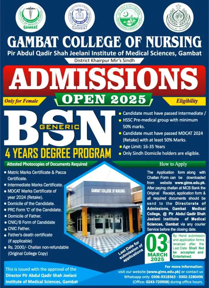 Image from The Career Guide Pakistan | TCG Pakistan: *Gambat College of Nursing, Gambat* `Pir Abdul Qadir Shah Jeelani Inst...