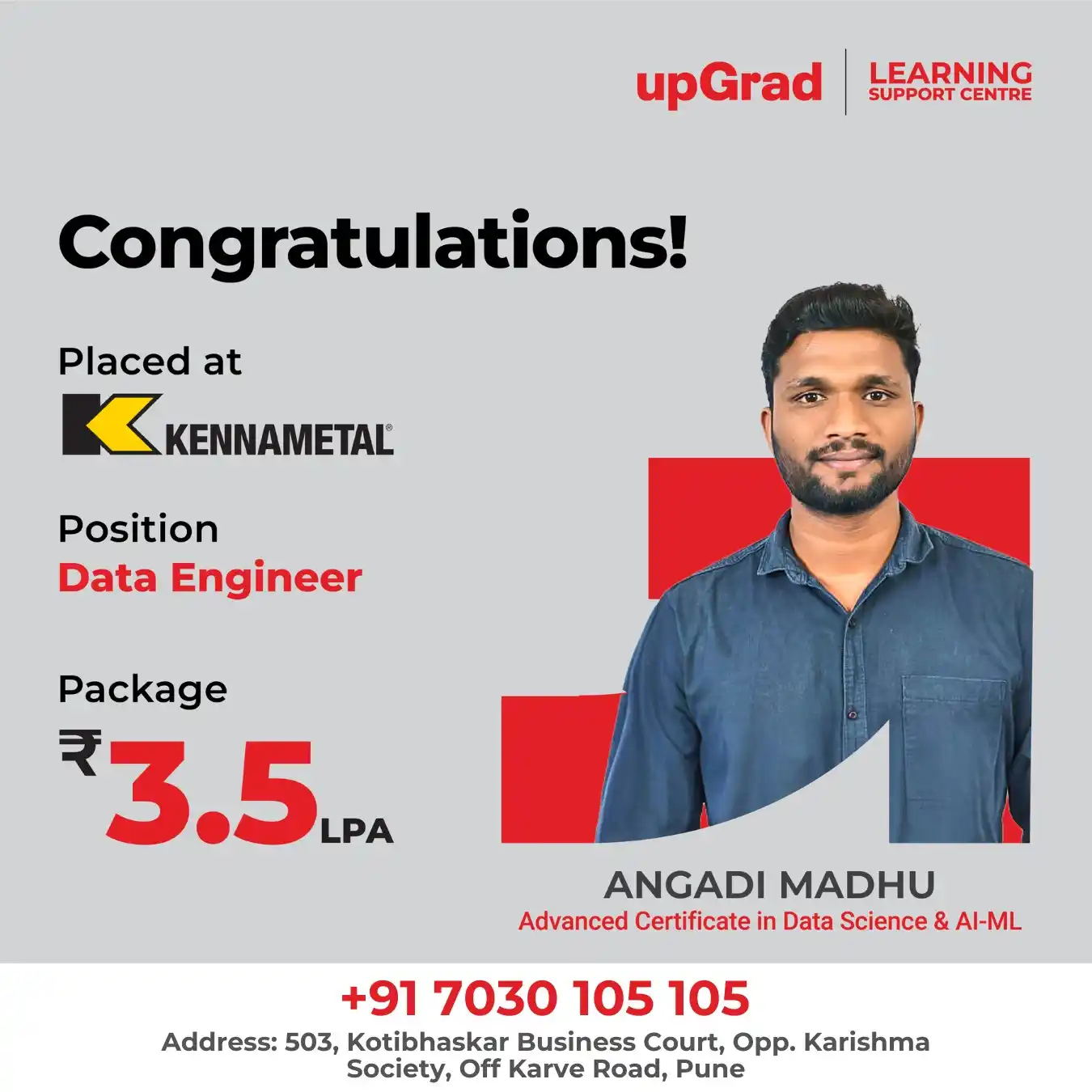 Image from upGrad Learning Support Centre, Pune: 🌟 Success Alert! 🌟 Heartiest congratulations to *Angadi Madhu* for ...