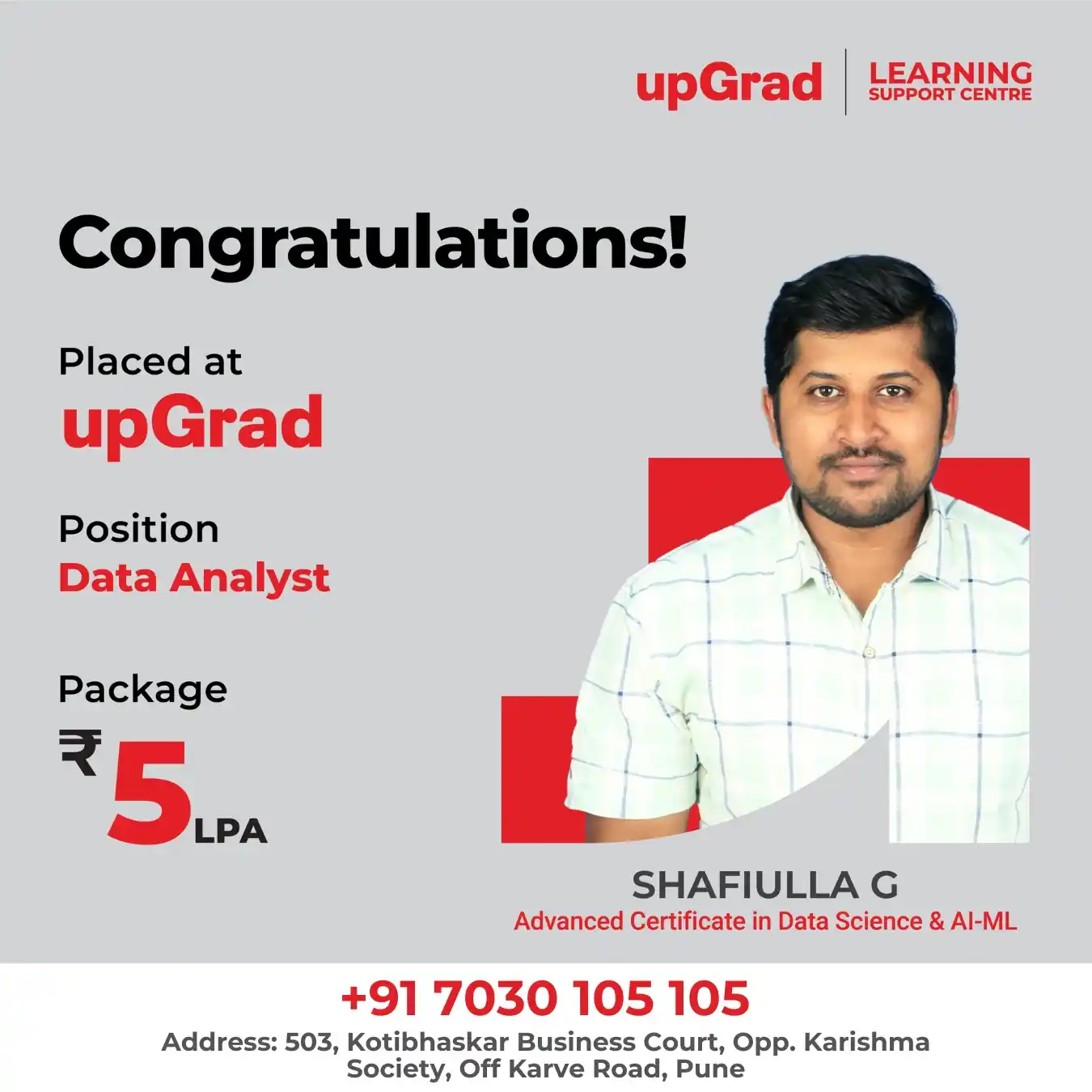 Image from upGrad Learning Support  Centre, Pune: *Big Congratulations to Shafiulla G!* 🎉  Shafiulla has successfully s...