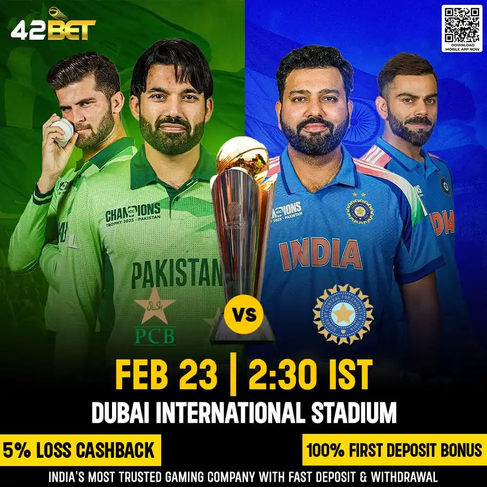 Image from 42Bet India: 🚨ARE YOU READY FOR ICC CHAMPIONS LEAGUE- 2025! 🚨 🤝  Pakistan 🆚 Ind...