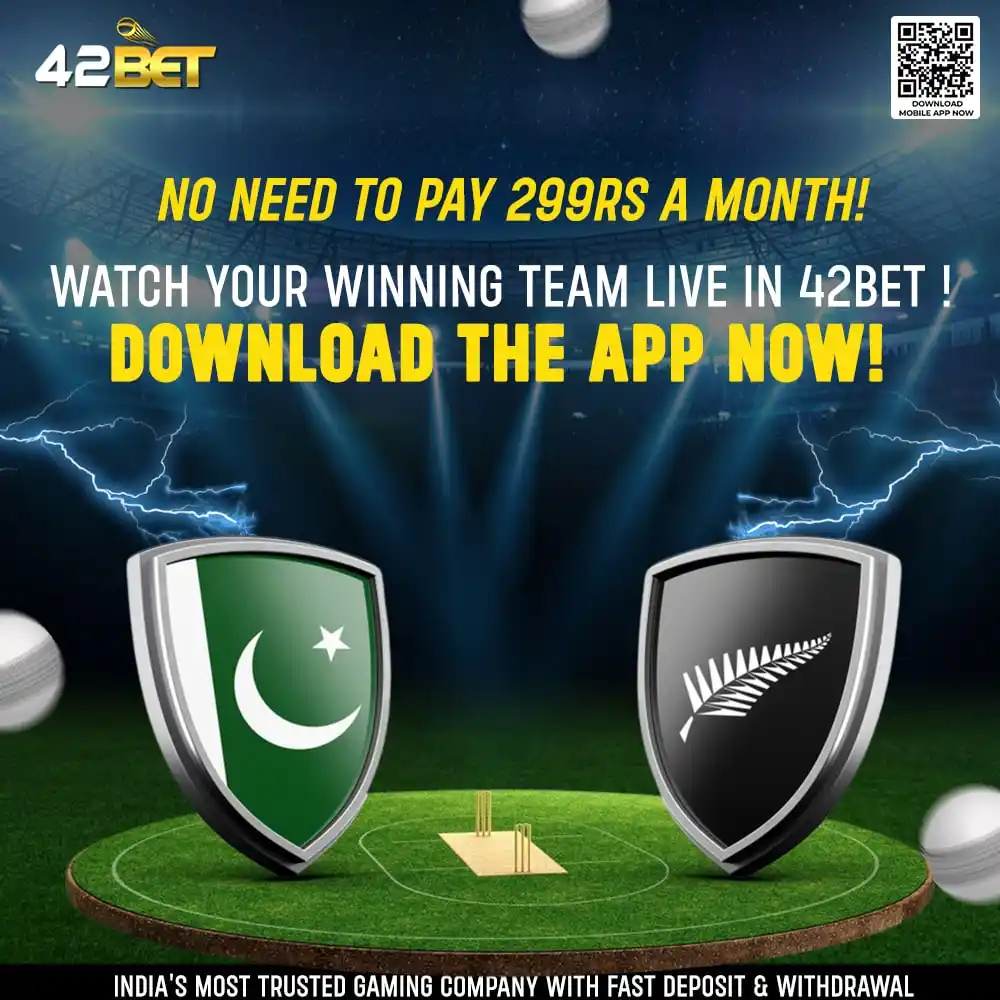 Image from 42Bet India: 🏏 Pakistan vs New Zealand – Watch LIVE on 42Bet! ⚡️ 🔥 No subscriptio...