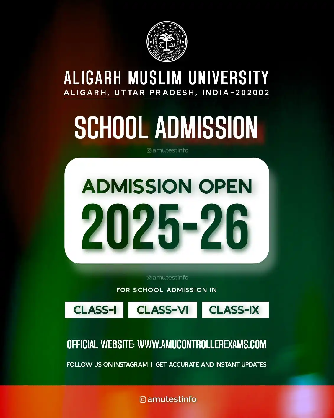 Image from amutestinfo: Admission forms for *AMU Schools Class-I, VI & IX Session 2025-26* are...