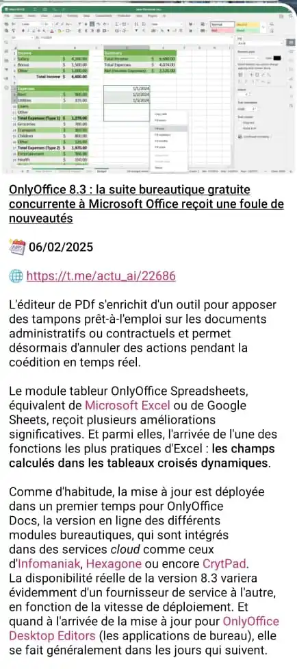 Image from @actu_ai : Actu & IA (actualité de la veille Technologique): *OnlyOffice 8.3 : la suite bureautique gratuite concurrente à Microsof...