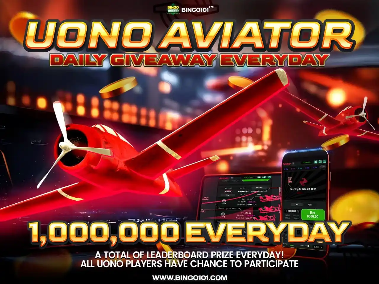 Image from BINGO101 Official: 🔥🔥🔥UONO AVIATOR - POWERED BY UONO PLAY 🚀 1,000,000 DAILY LEADERBO...