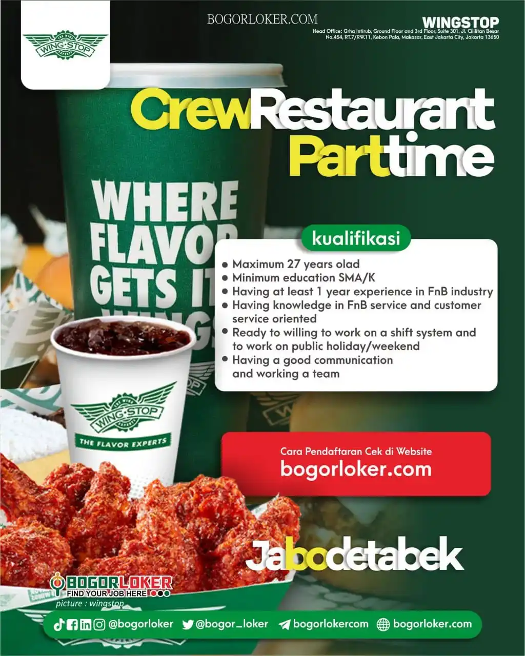 Image from BOGORLOKER.COM: Saat ini WINGSTOP sedang membuka lowongan untuk posisi CREW RESTAURANT...