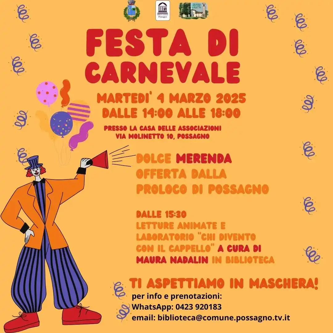 Image from Comune di Possagno: 🎭🎉 FESTA DI CARNEVALE A POSSAGNO! 🎉🎭 📅 Martedì 4 marzo 2025 ⏰ Da...