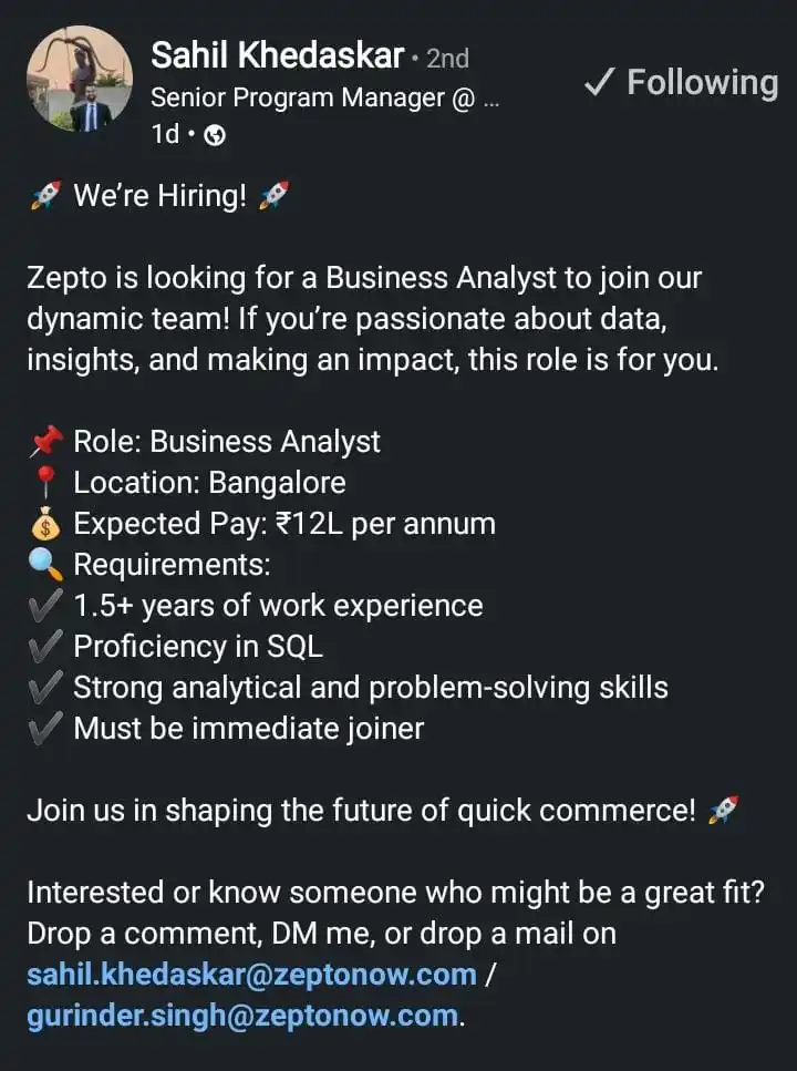 Image from Data Commence ✅: Zepto is hiring for business analyst https://www.linkedin.com/posts/s...