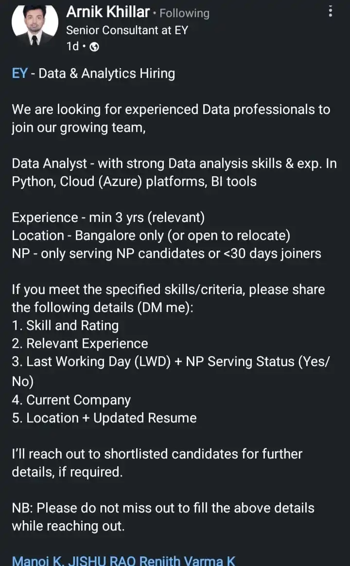 Image from Data Commence ✅: Hiring for data analyst at *EY* https://www.linkedin.com/posts/arnik-...