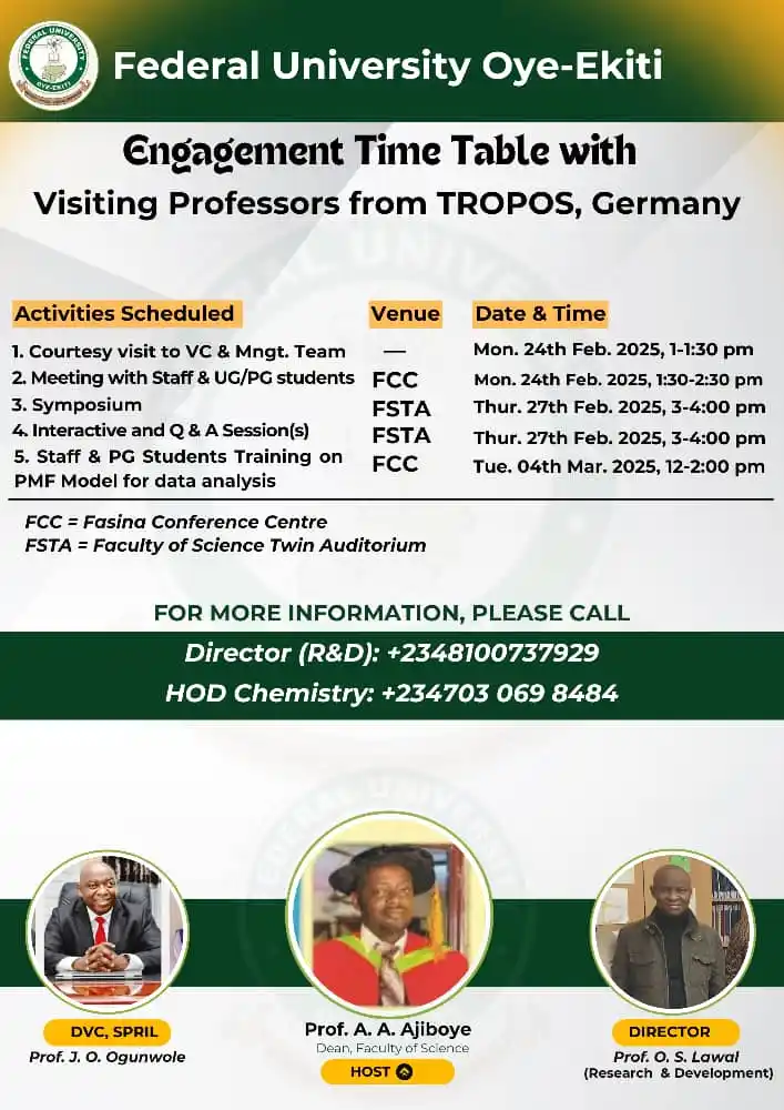 Image from Federal University Oye-Ekiti: Engagement time table with Visiting Professors from TROPOS, Germany. ...