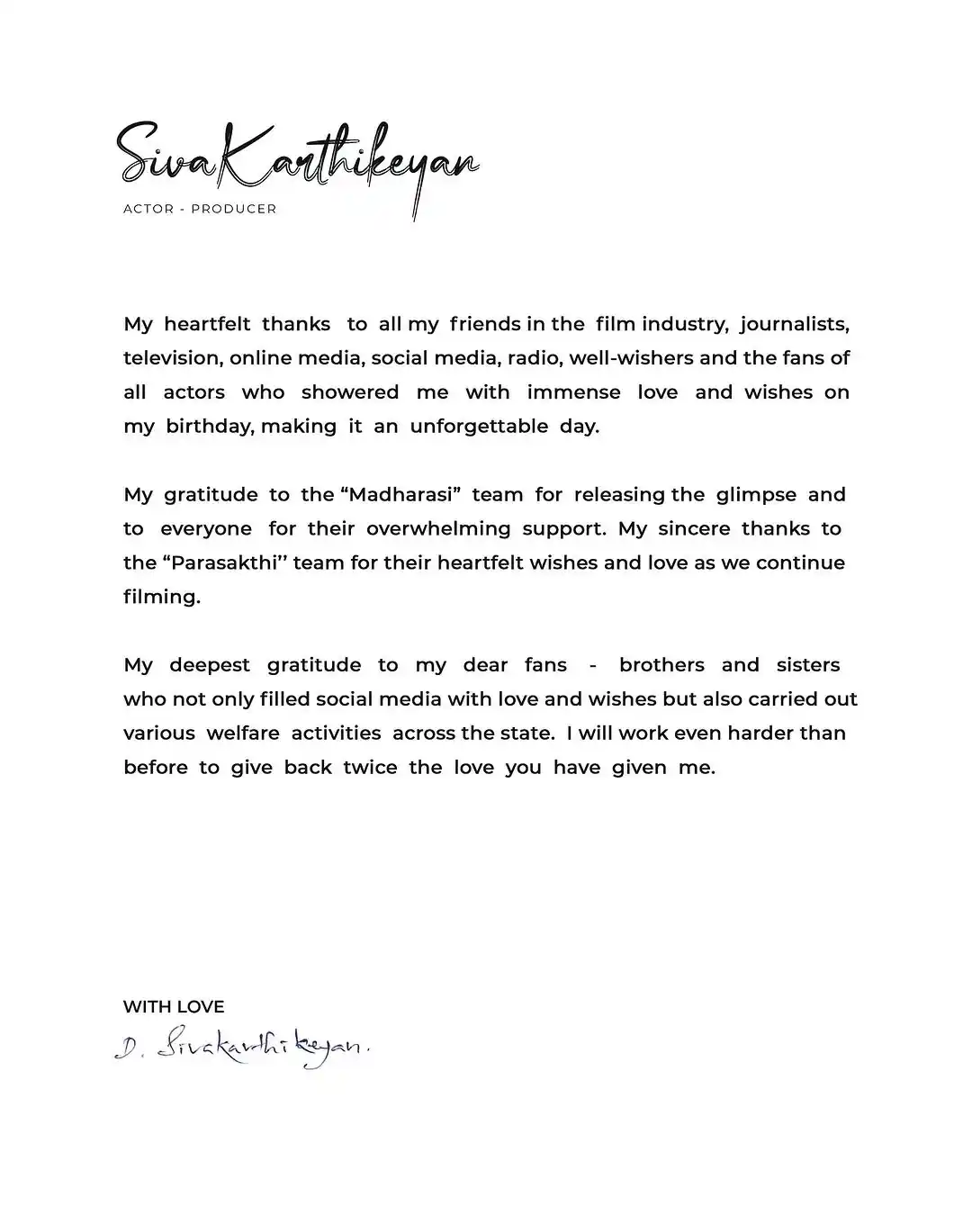Image from Galatta Media: Sivakartikeyan's thank note for all the wishes on his birthday❤️...
