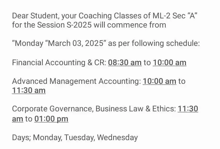 Image from ICMA NETWORK: ⚠️ *ML2 Section A* in *ICMA HEADOFFICE - GULSHAN CAMPUS, KARACHI*...