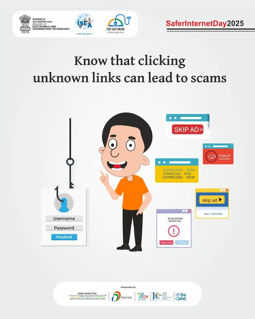 Image from ISEA - Cybersecurity Awareness & Digital Safety Updates : 🎉🔐 Safer Internet Day 🔐🎉 Clicking unknown links can lead to scams...