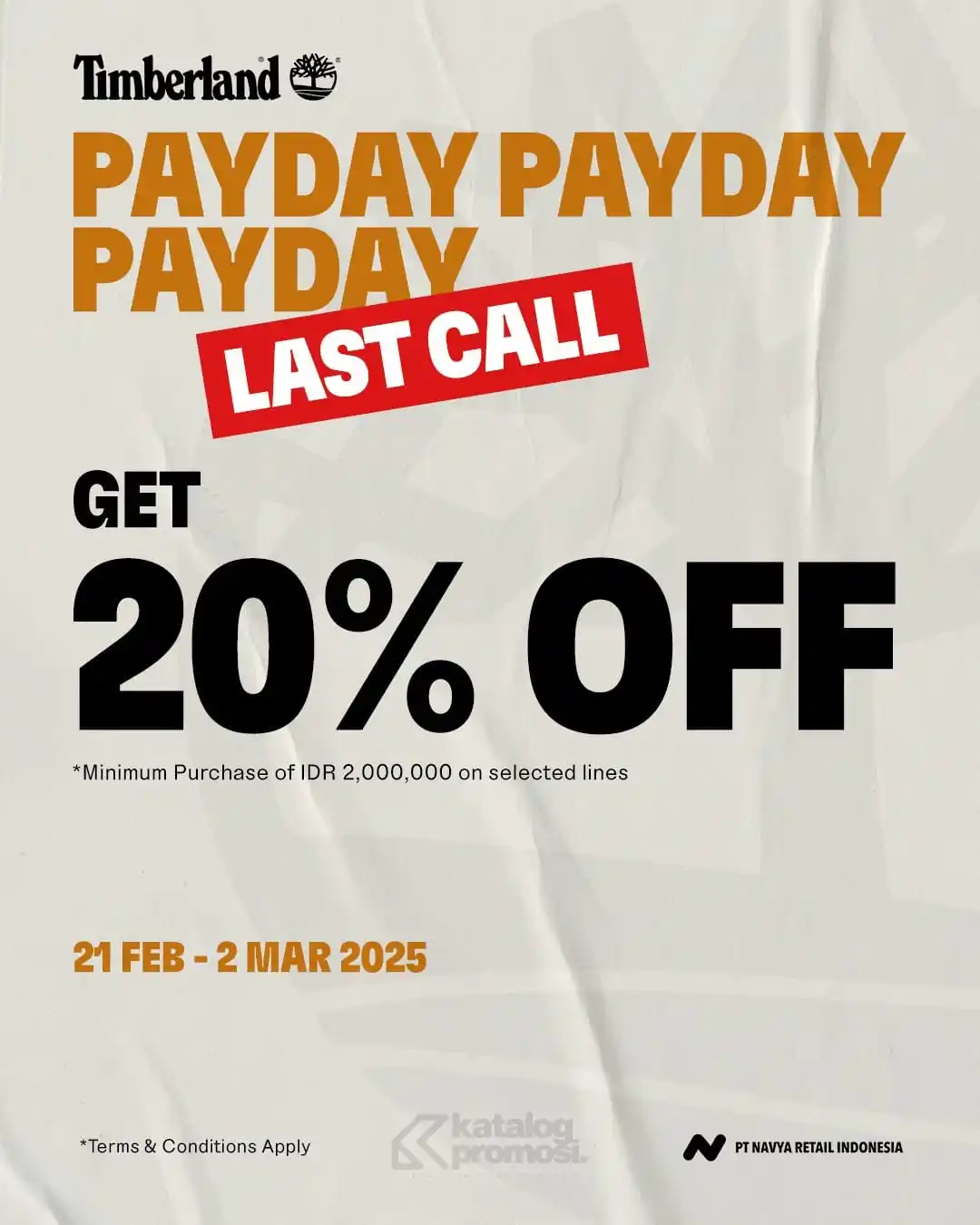 Image from KATALOGPROMOSI: 🚨 LAST CALL! Diskon 20% untuk semua produk Timberland! Belanja minima...