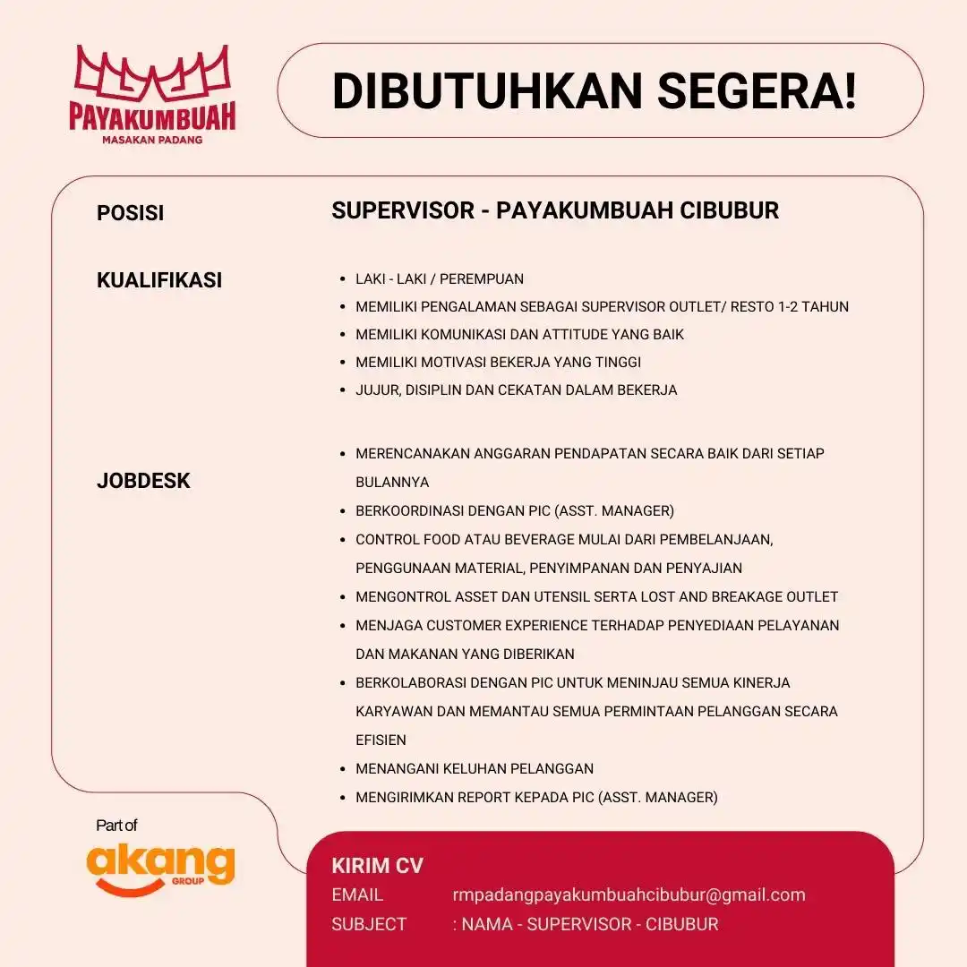 Image from Loker Jabodetabekkar: PAYAKUMBUAH WE ARE HIRING SUPERVISOR • LAKI - LAKI / PEREMPUAN • ME...