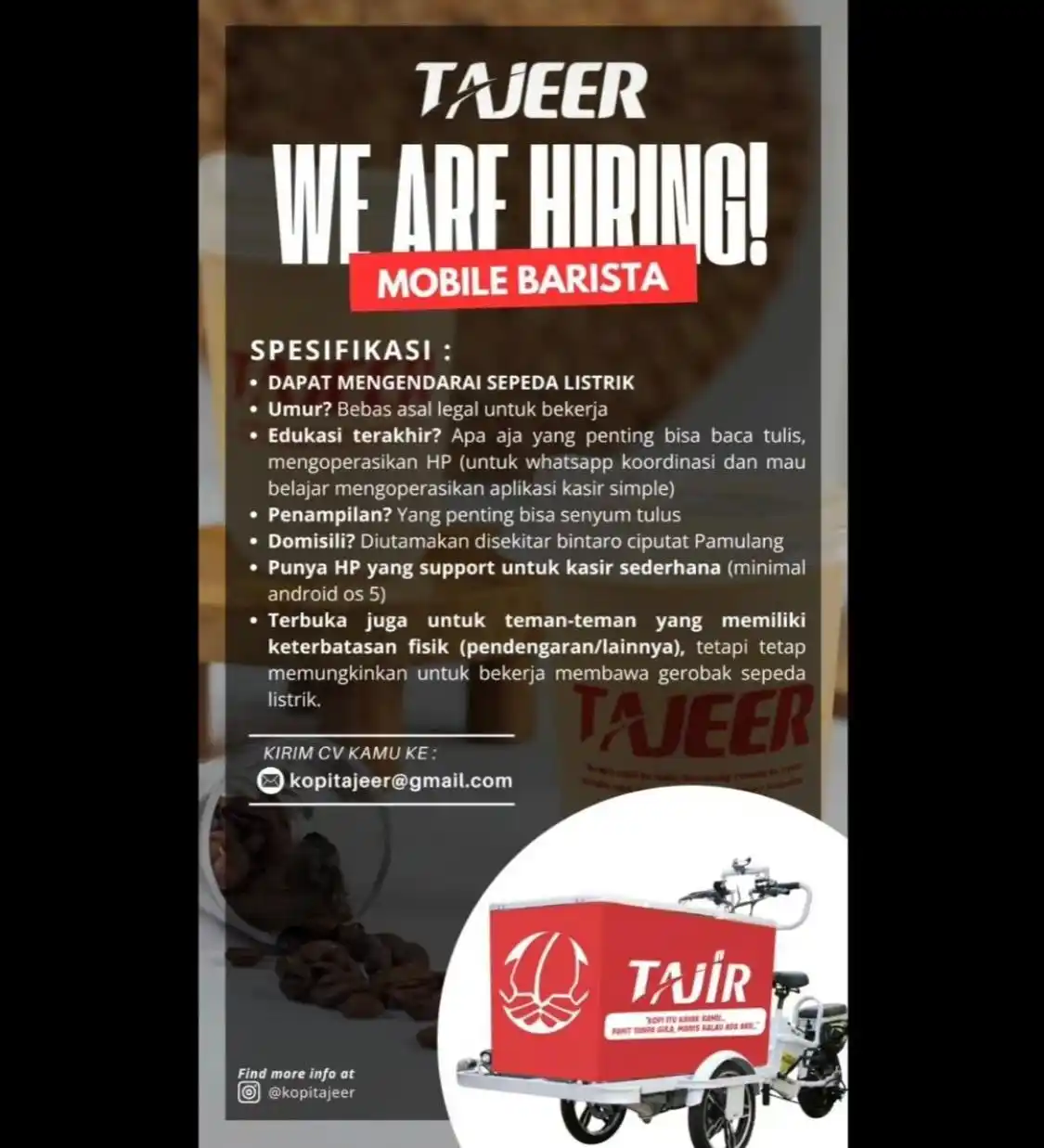 Image from Loker Jabodetabekkar: KOPI TAJEER WE ARF HIRING! MOBILE BARISTA SPESIFIKASI : • DAPAT MENG...