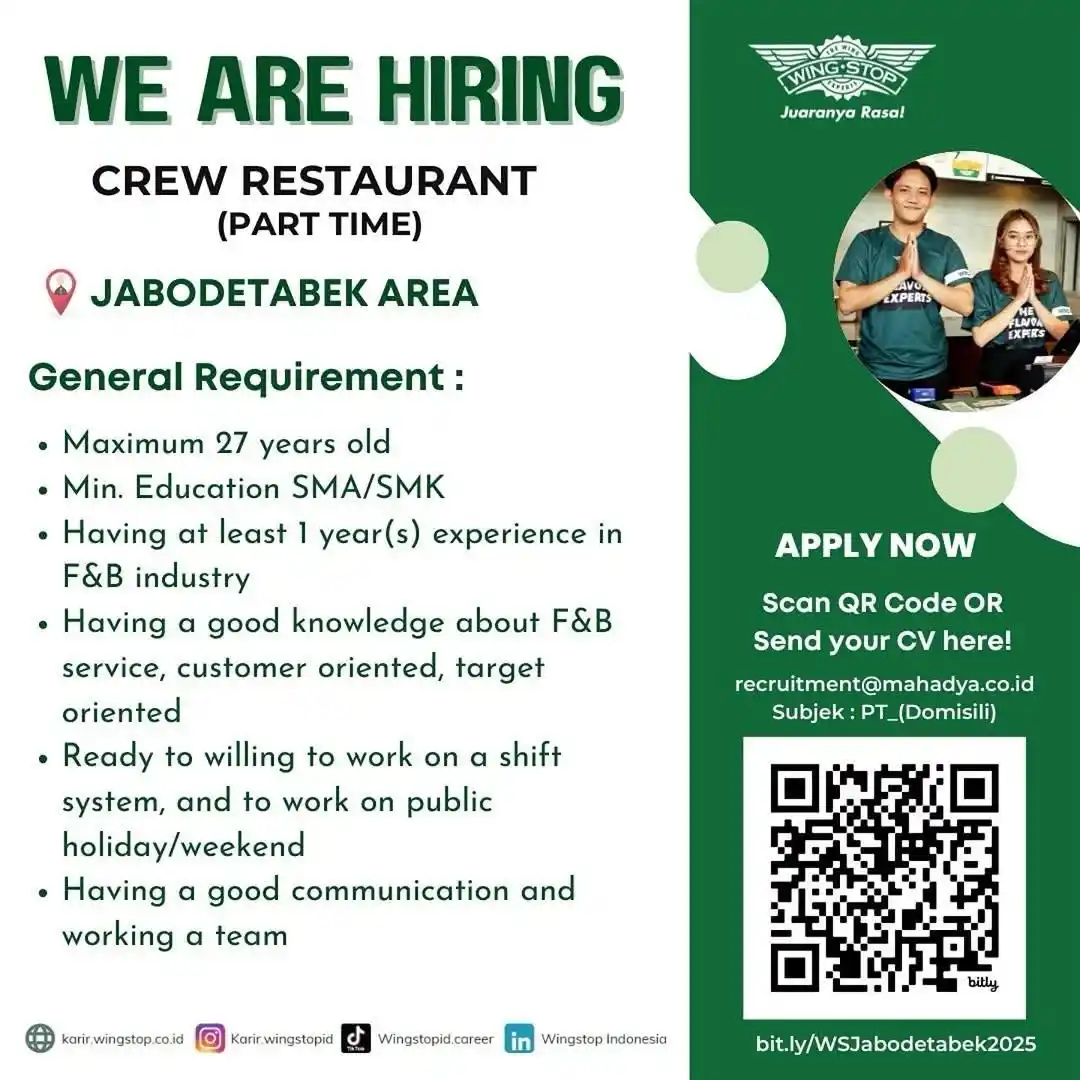 Image from Loker Jabodetabekkar: WINGSTOP WE ARE HIRING CREW RESTAURANT (PART TIME) JABODETABEK AREA ...
