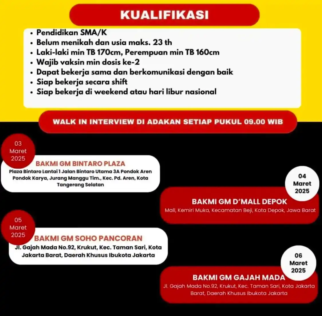 Image from Loker Jabodetabekkar: BAKMI GM WE ARE HIRING KUALIFIKASI • Pendidikan SMA/K • Belum menikah...