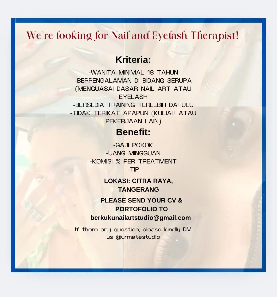 Image from Loker Jabodetabekkar: [We’re looking for Nail and Eyelash Therapist!] Kriteria: - ﻿WANITA MI...