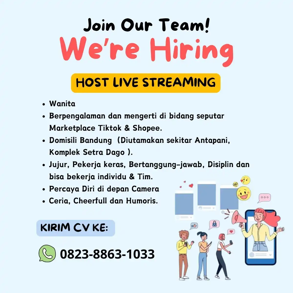 Image from lokerbandung: Posisi : Host Live Streaming Brand : Kaos Oceanetic Lokasi : Komplek S...