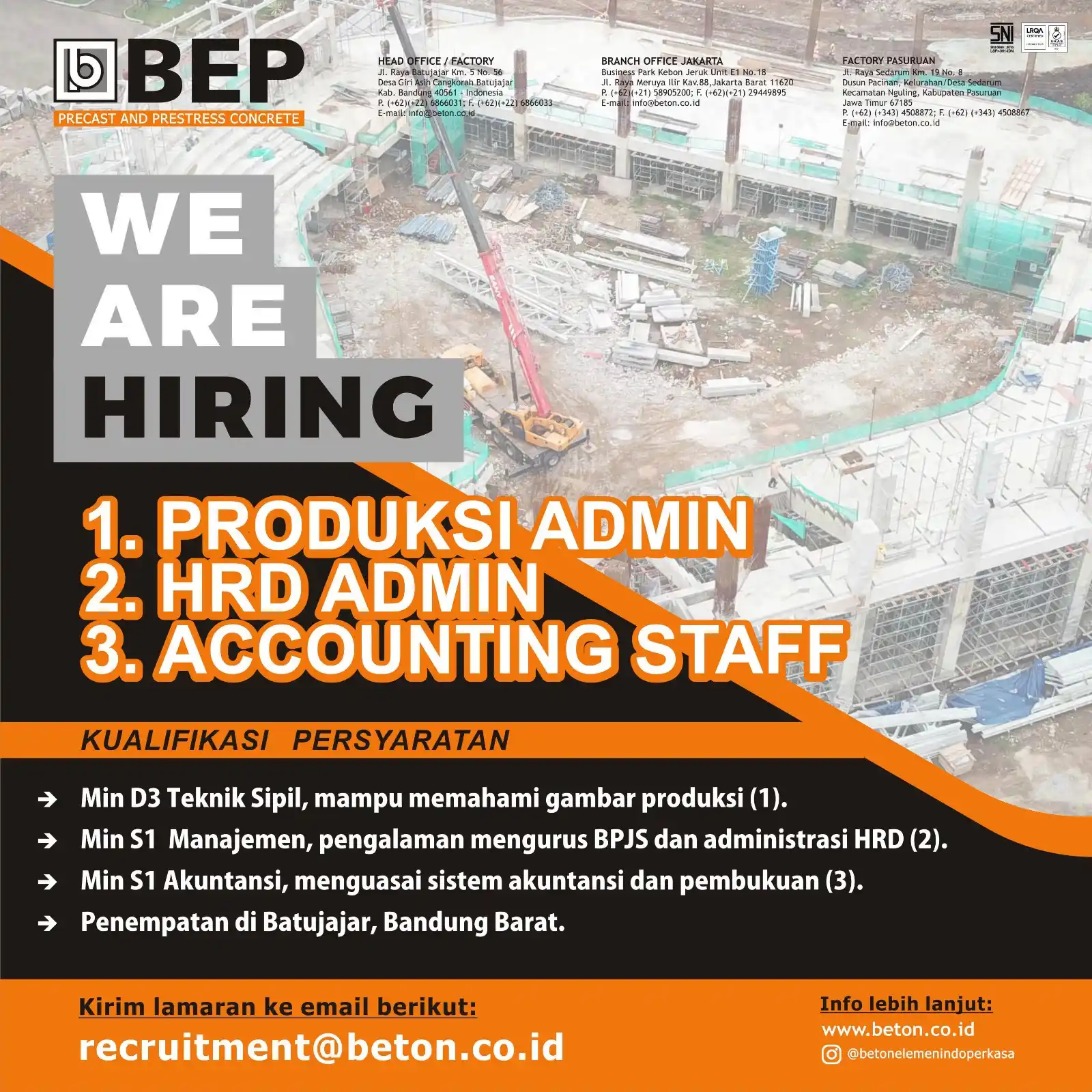 Image from lokerbandung: Posisi : 1. Produksi Admin 2. HRD Admin 3. Accounting Staff Perusaha...