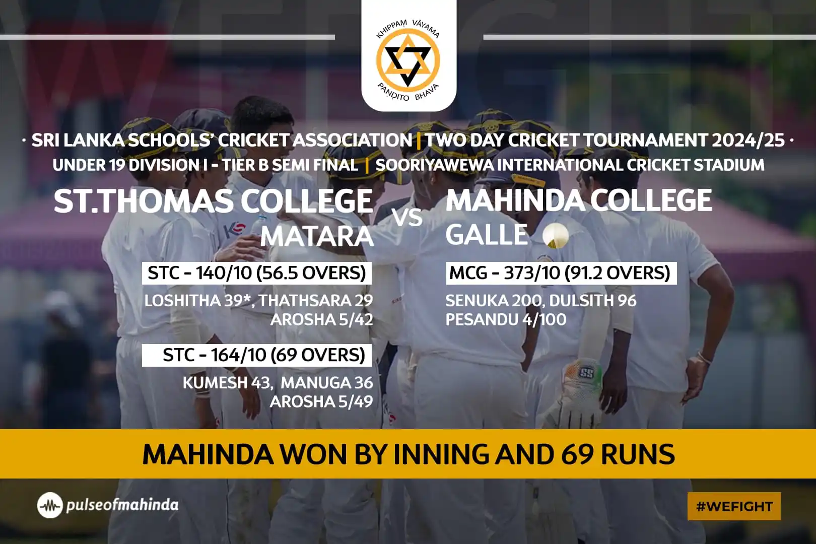 Image from Mahinda College: SUMMARY | CRICKET U19 | DIV 1 | TIER B Semi Final Two-Day Cricket Tour...