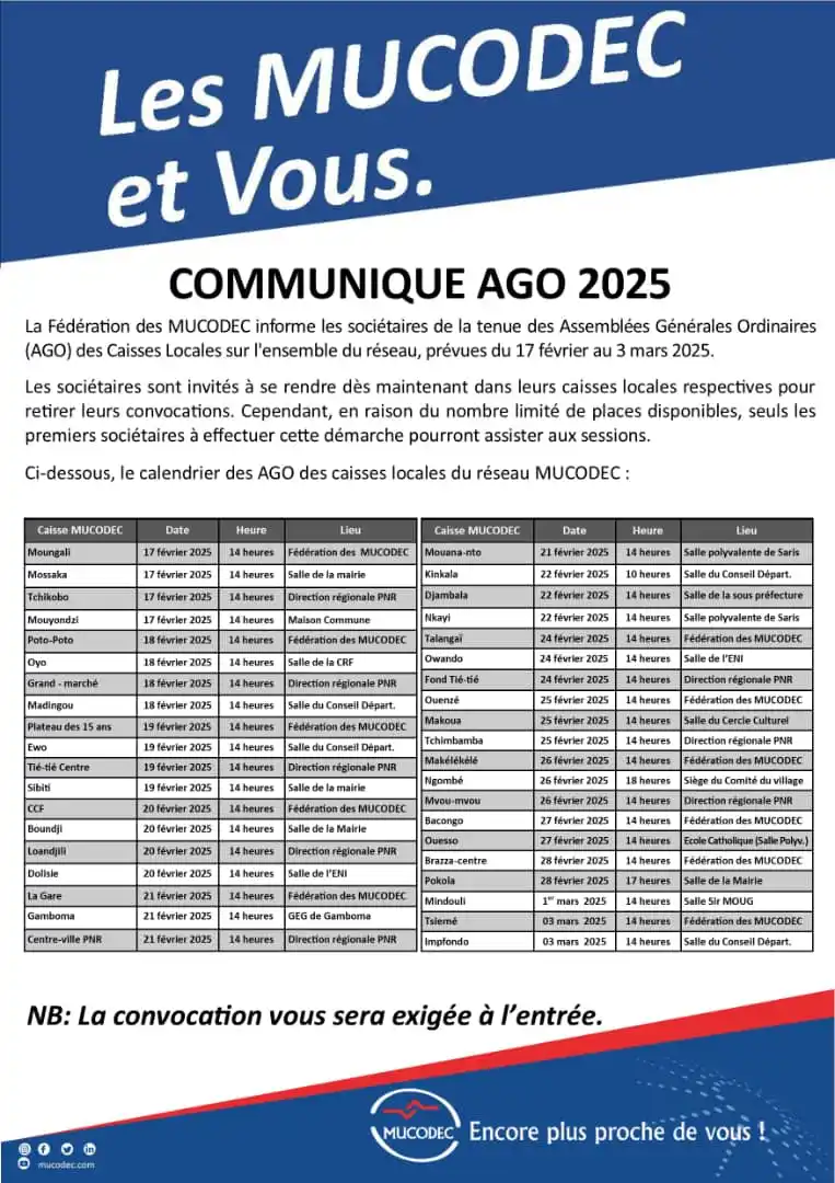 Image from Mutuelles Congolaises d’Épargne et de Crédit ( MUCODEC): 📣 Chers sociétaires, Les 𝐀𝐬𝐬𝐞𝐦𝐛𝐥é𝐞𝐬 𝐆é𝐧é𝐫𝐚𝐥𝐞𝐬 𝐎𝐫𝐝...