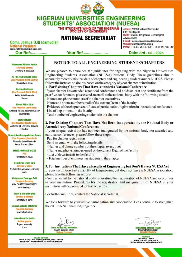 Image from NUESA National Secretariat: *📢 ATTENTION :‼️* *All Engineering Students and NUESA Chapters!* ...