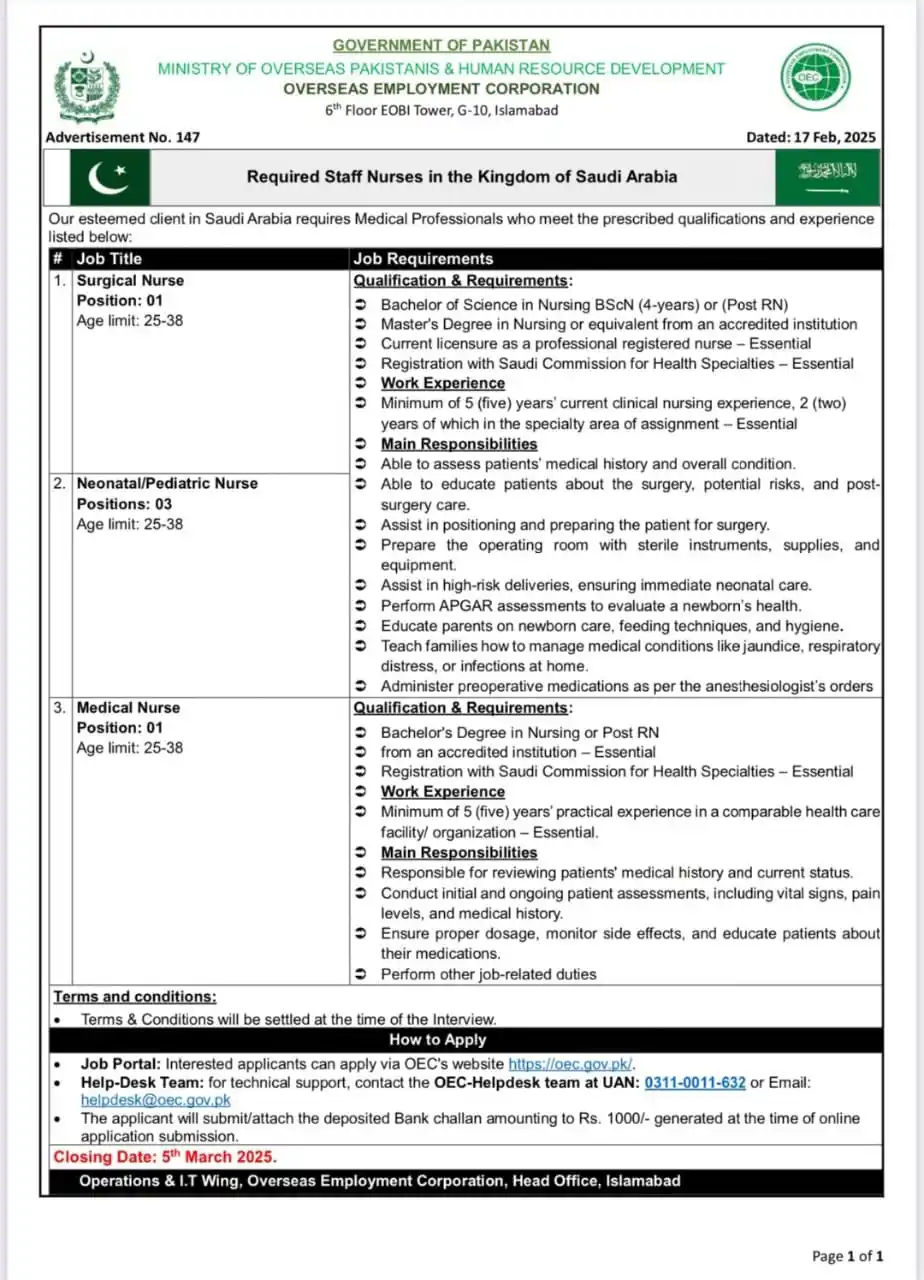 Image from NURSING INFO (MEDDEMY): *Required Staff Nurses in the Kingdom of Saudi Arabia* Closing Date: ...