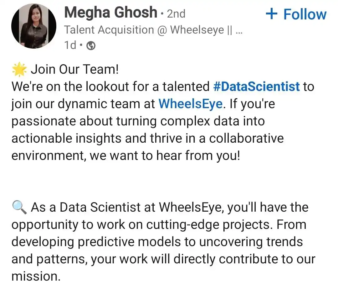 Image from Raghavan P ✅️: Data scientist hiring at *Wheelseye* 1+ experience required https:...