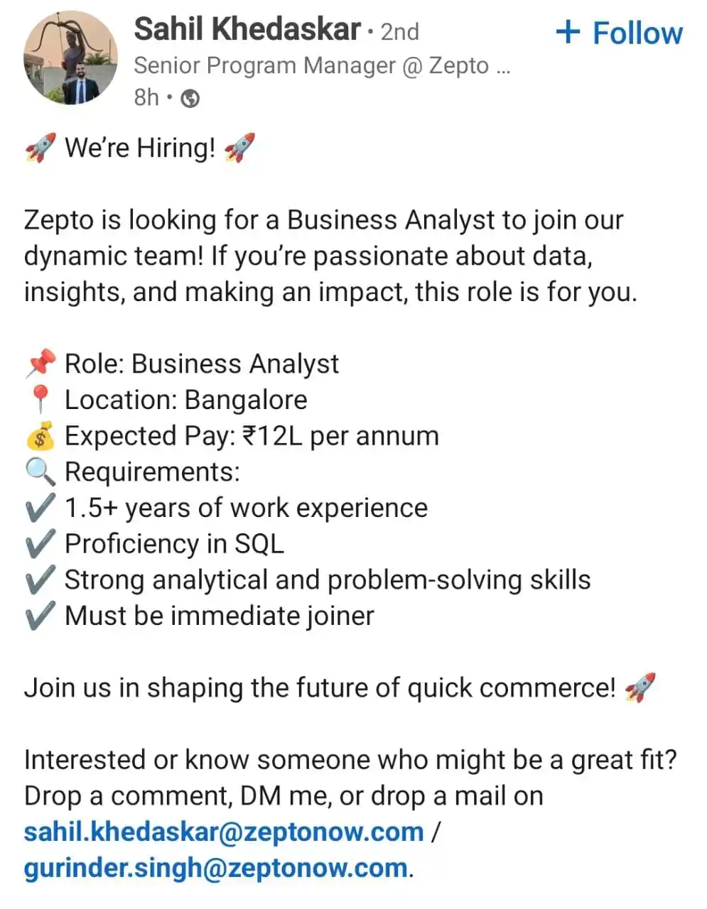 Image from Raghavan P ✅️: Hiring at *Zepto* https://www.linkedin.com/posts/sahil-khedaskar_hiri...