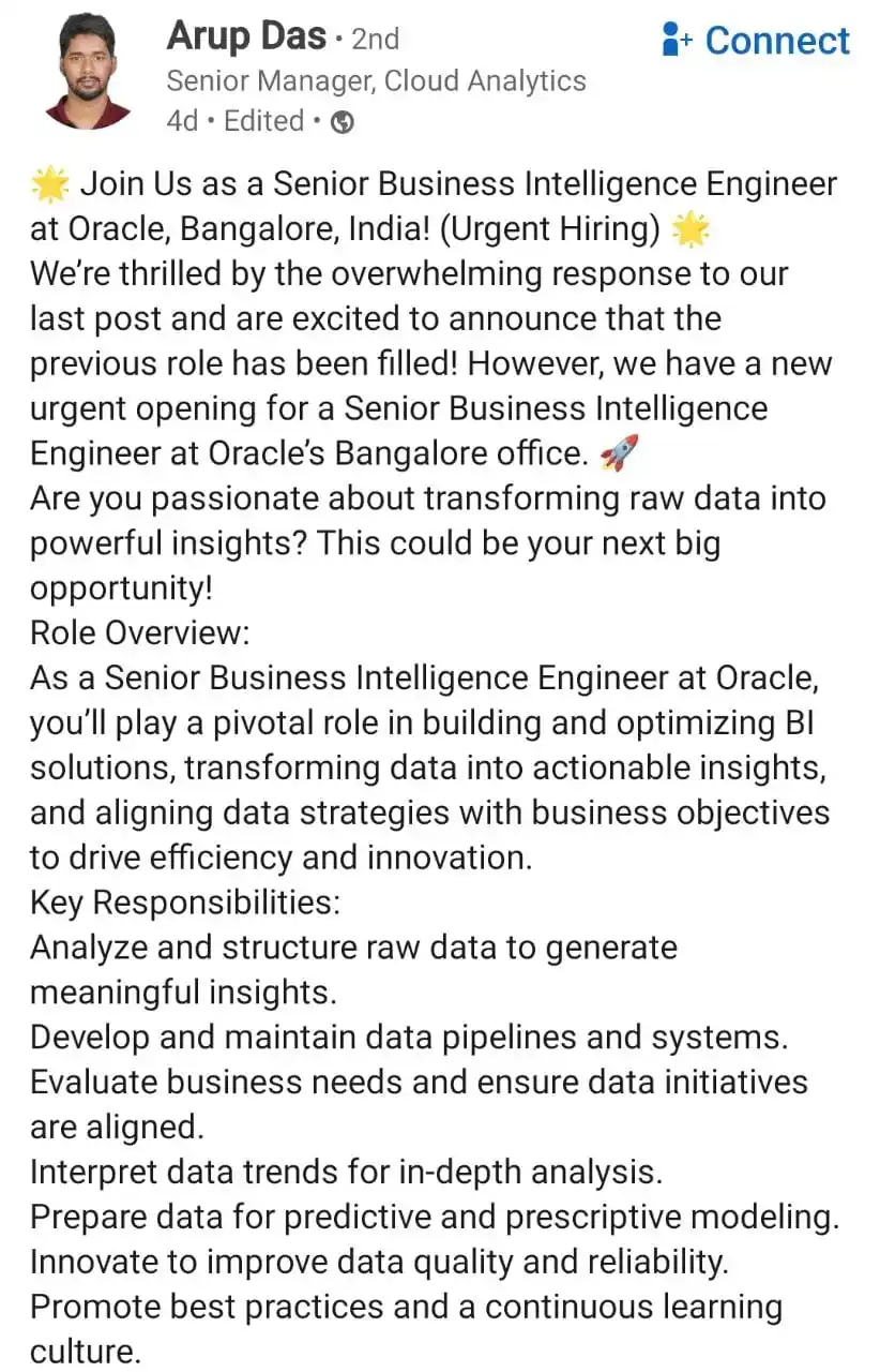 Image from Raghavan P ✅️: Hiring Senior BI professionals at *Oracle* https://www.linkedin.com/p...