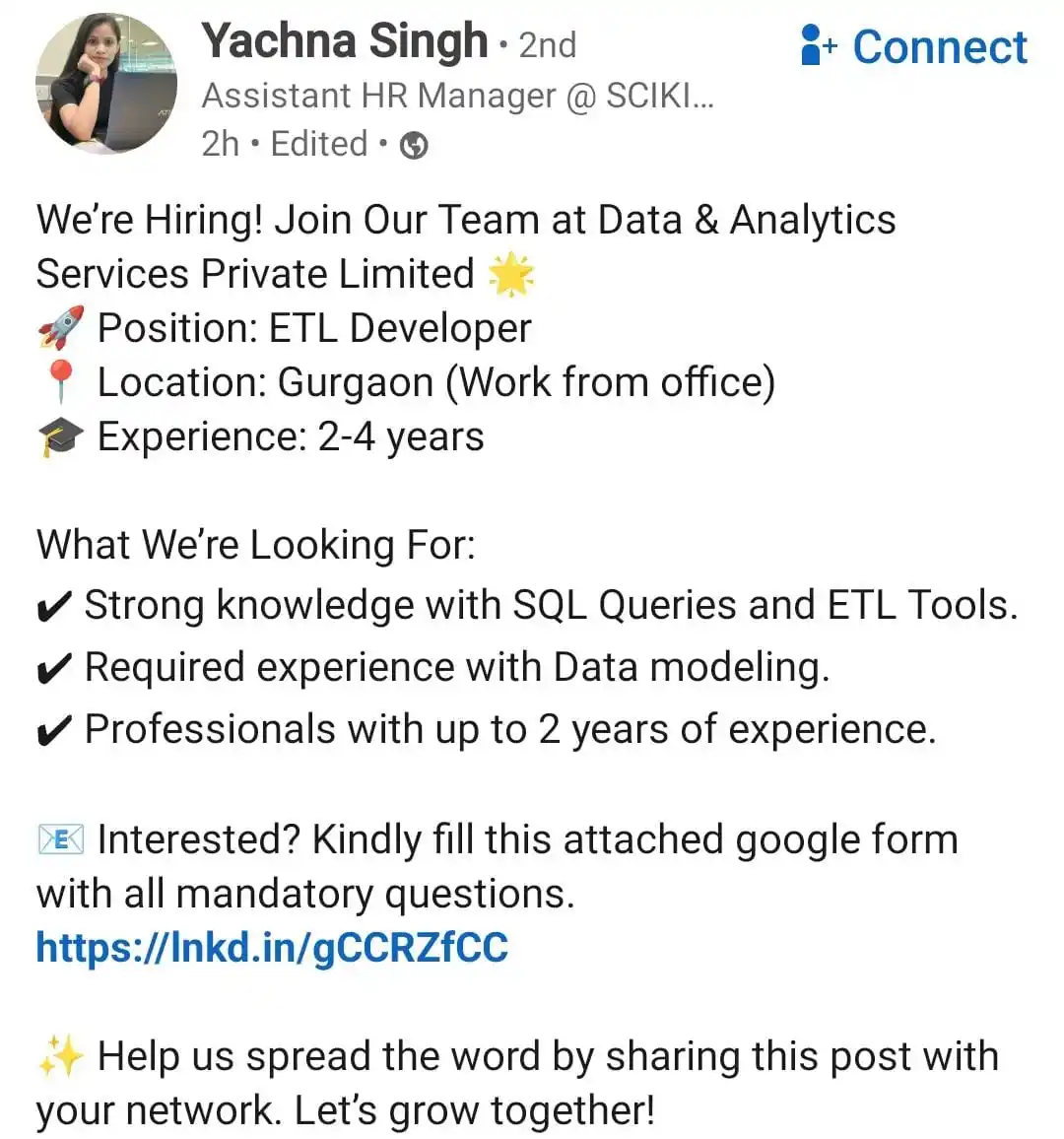Image from Raghavan P ✅️: *ETL developer* hiring   https://www.linkedin.com/posts/yachnasingh_et...