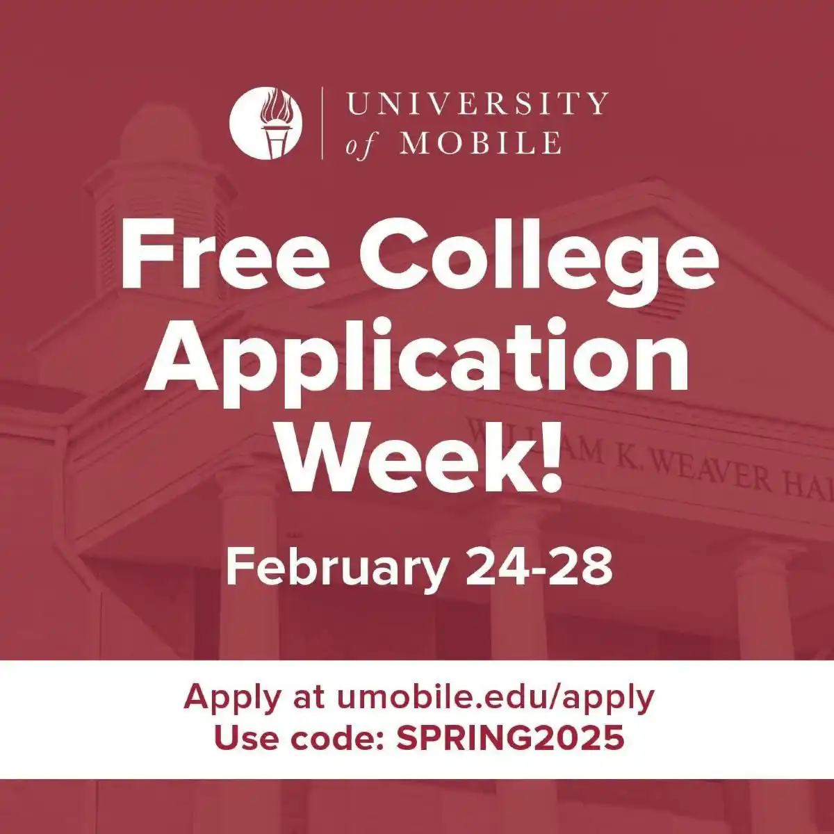 Image from Scholarships Avenue: University of Mobile application fee waiver. February 24-28, you can ...