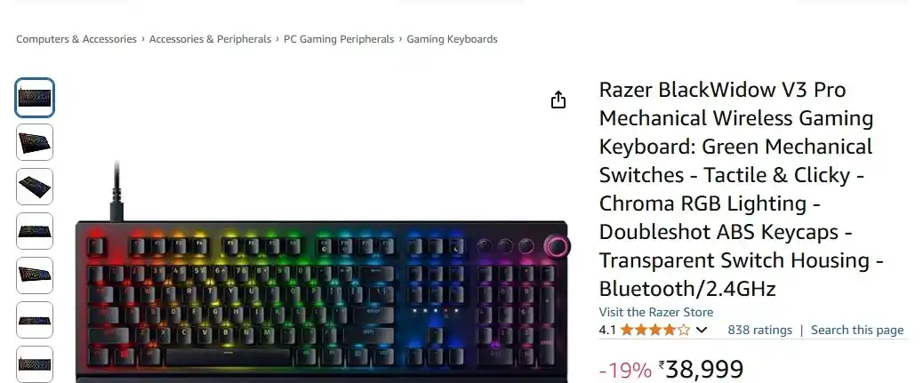 Image from SURAJ TECHNOLOGIES: RAZER BLACKWIDOW V3 PRO MECHANICAL WIRELESS KEYBOARD Razer™ Yellow...