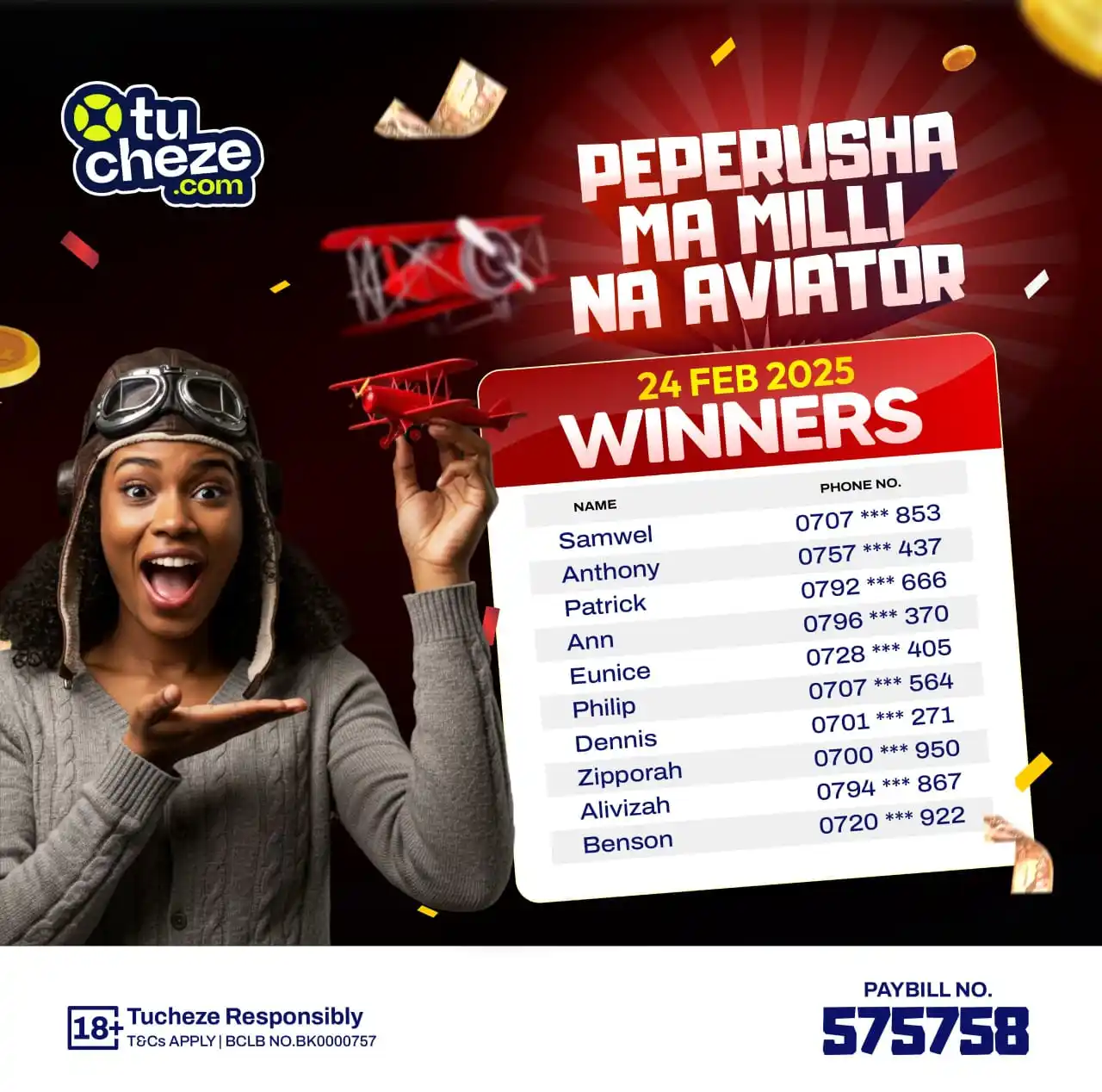 Image from Tucheze.com: Congratulations to the winners of Peperusha Mamili na Aviator! 🥳🎉  B...