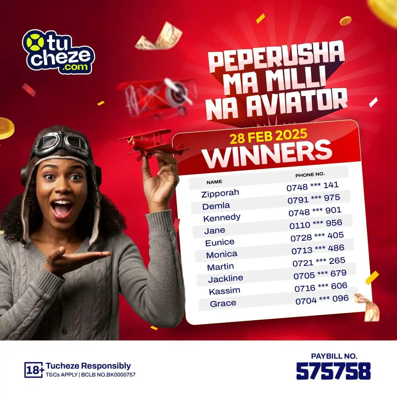 Image from Tucheze.com: Congratulations to yesterday's winners of Peperusha Mamili na Aviator!...