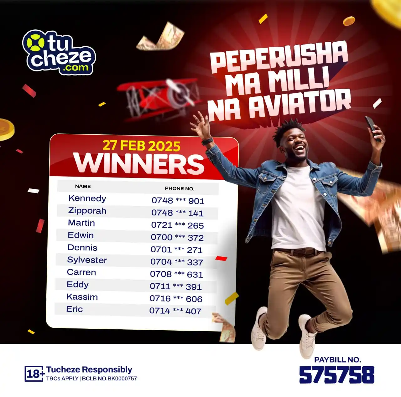 Image from Tucheze.com: Peperusha Mamili na Aviator Winners! Congratulations 🎉 🥳 Omoka visi...