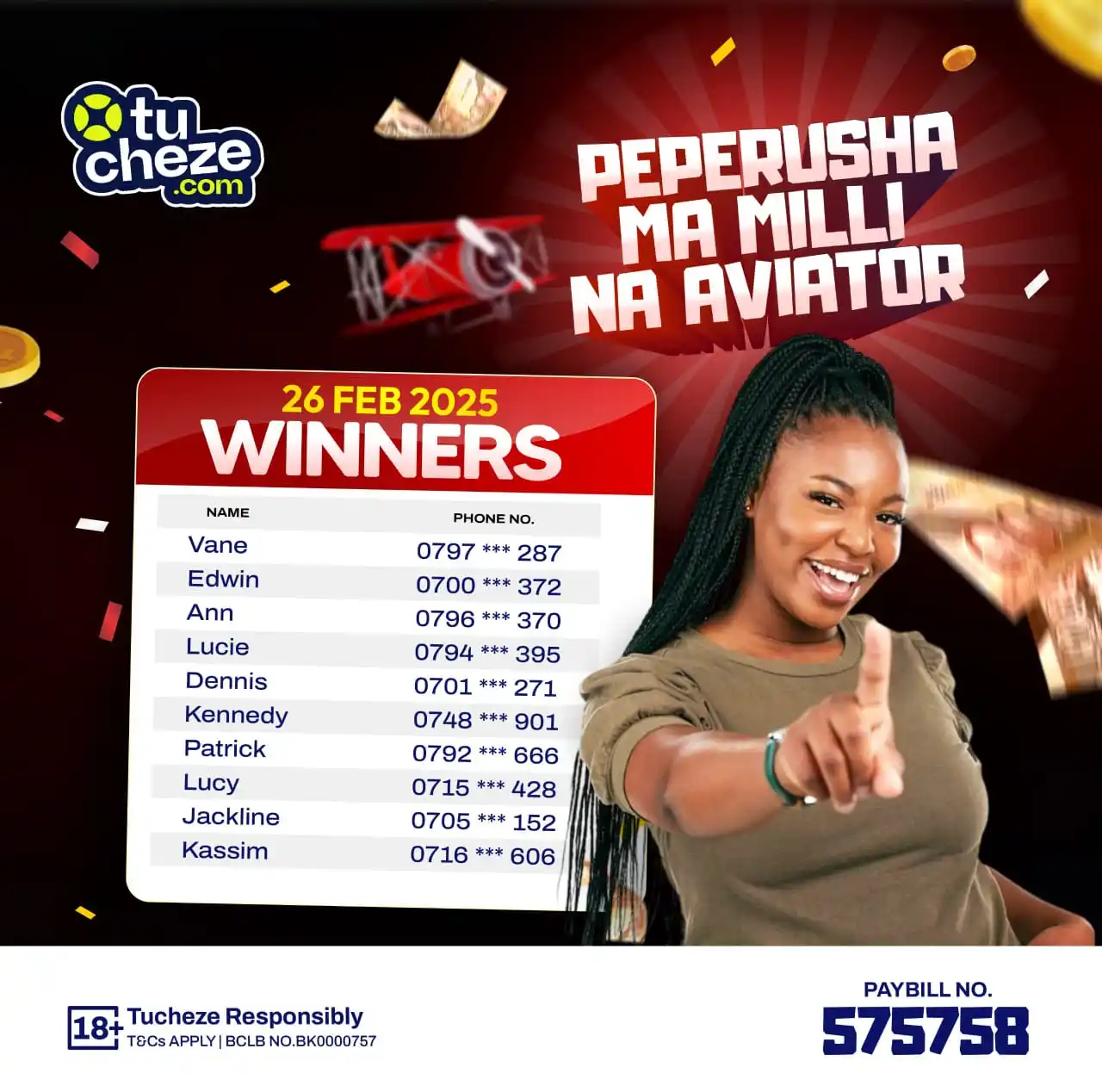 Image from Tucheze.com: Congratulations to the winners of Peperusha Mamili na Aviator 🥳🎉 Ut...