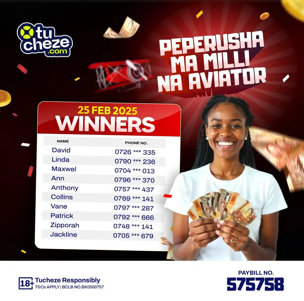 Image from Tucheze.com: Congratulations to yesterday's winners of Peperusha Mamili na Aviator ...