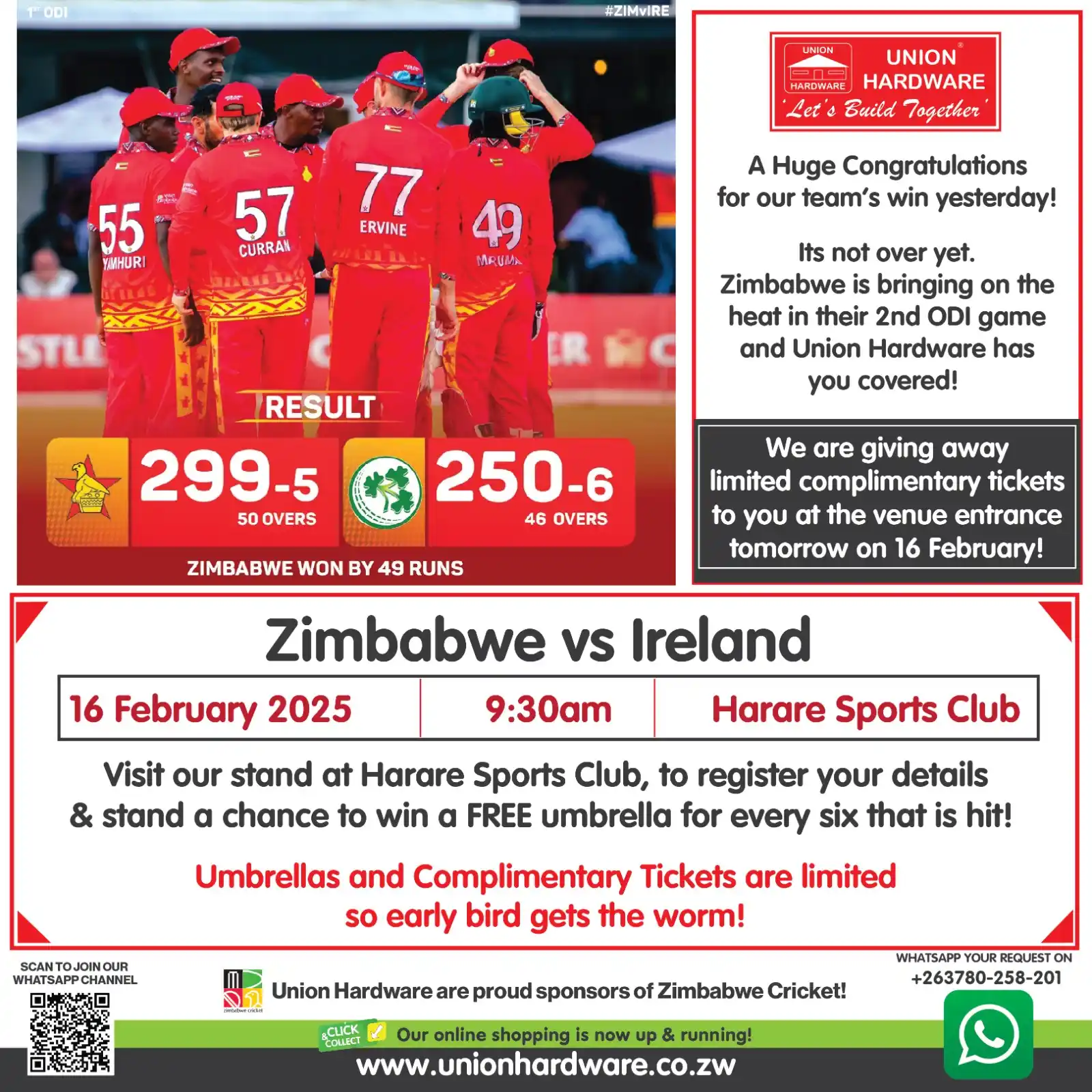 Image from Union Hardware Zimbabwe: Zimbabwe's 1st ODI win over Ireland was a thrilling match! With a fant...