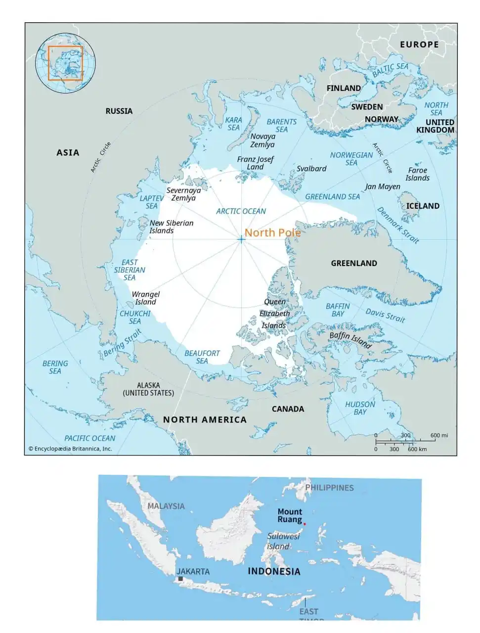 Image from UPSC MAP : Key Geographical Events 🌍🌋 📍 Mount Ruang (Indonesia) 🌋 ✅ Recently...