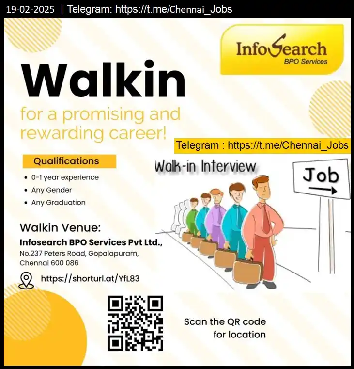 Image from Walk-In Interview Jobs & Careers: Walkin at Infosearch, Chennai. Freshers or 1 year experienced needed....