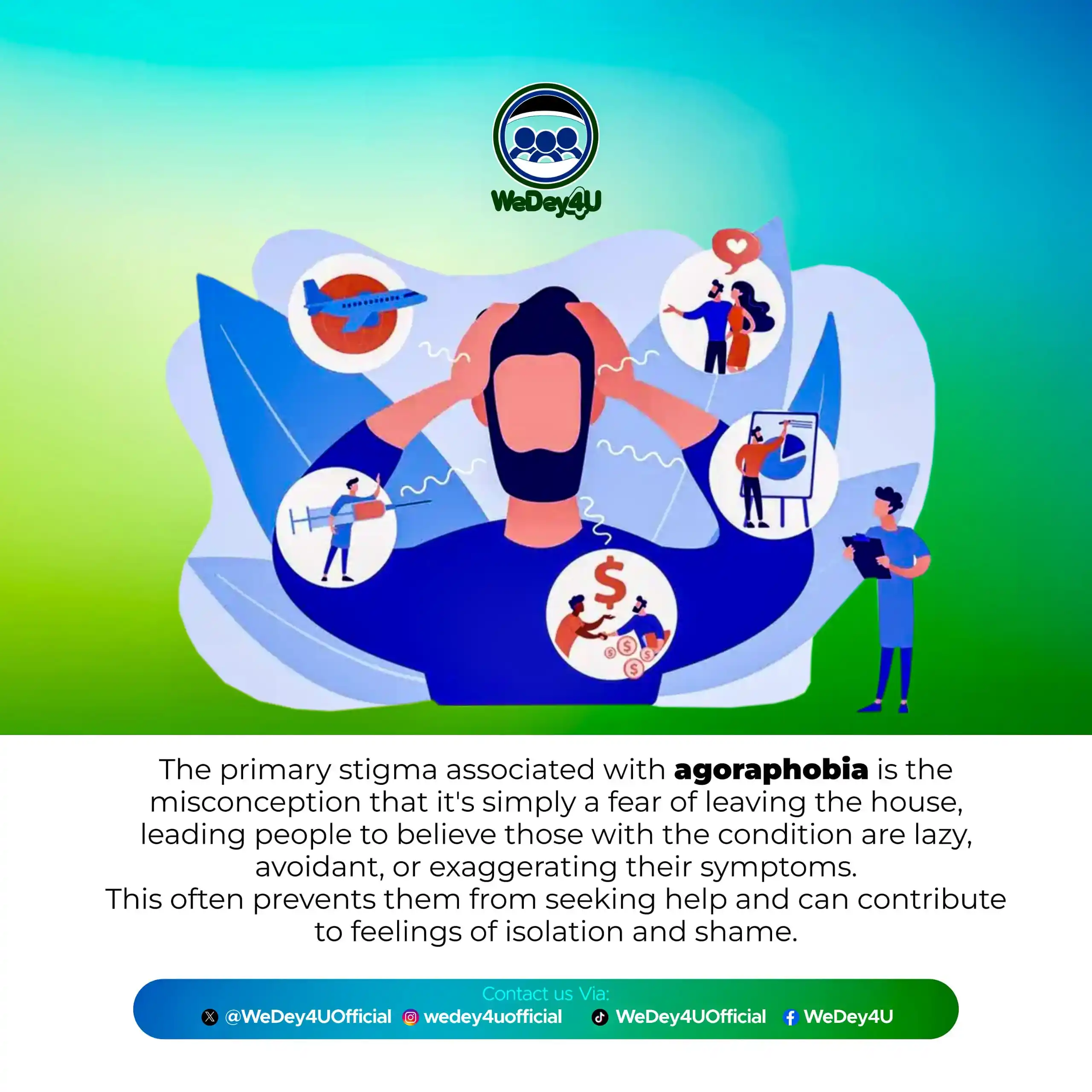 Image from WeDey4U 💚: STIGMA ASSOCIATED WITH AGORAPHOBIA. Many people believe that Ag...