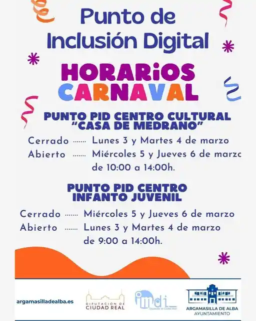 Image from Agenda y eventos del Ayuntamiento de Argamasilla de Alba: 📢📲 *Horario especial del Punto de Inclusión Digital en Carnaval* 🎭�...