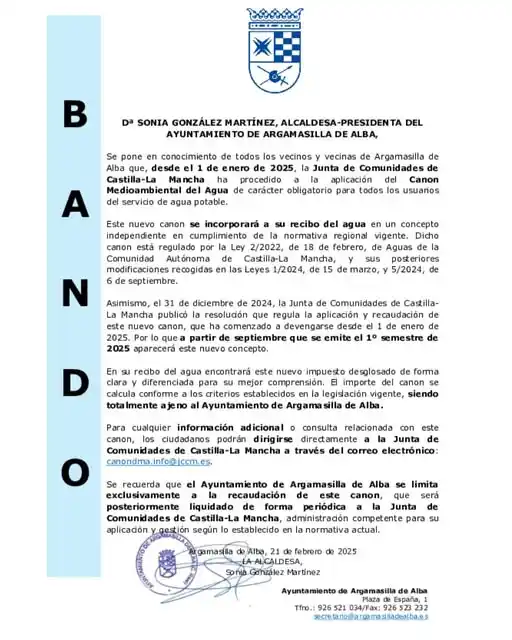 Image from Agenda y eventos del Ayuntamiento de Argamasilla de Alba: ℹ️ *NUEVO CANON MEDIOAMBIENTAL DEL AGUA* 💧 📅 Desde el 1 de enero de ...