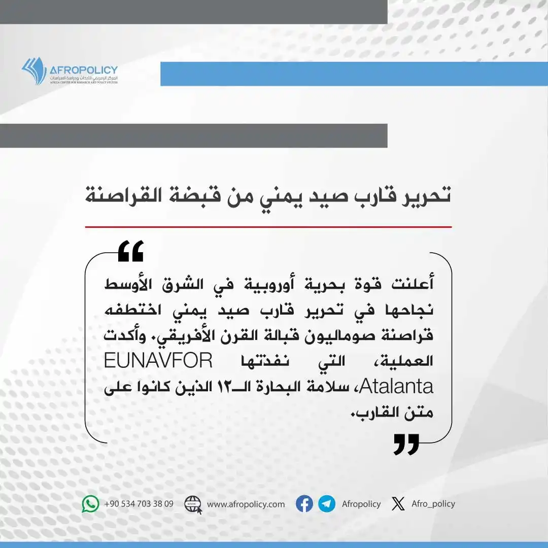Image from المركز الإفريقي للأبحاث ودراسة السياسات (أفروبوليسي): *تحرير قارب صيد يمني من قبضة القراصنة* أعلنت قوة بحرية أوروبية في الشر...